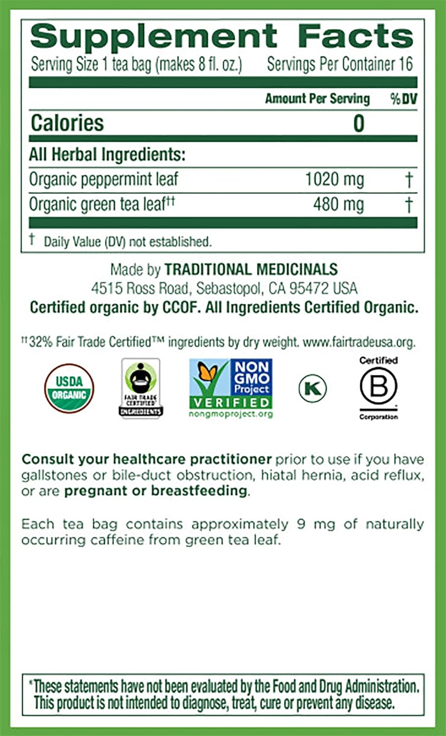 Traditional Medicinals Organic Green Tea - 16 Tea Bags - Clearance Sale