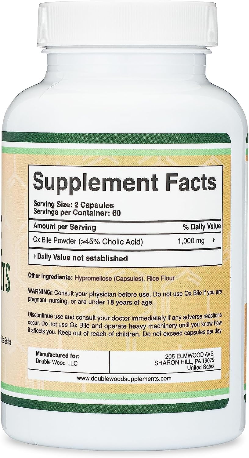 Double Wood Supplements Ox Bile for No Gallbladder 1000mg - 120 Capsules