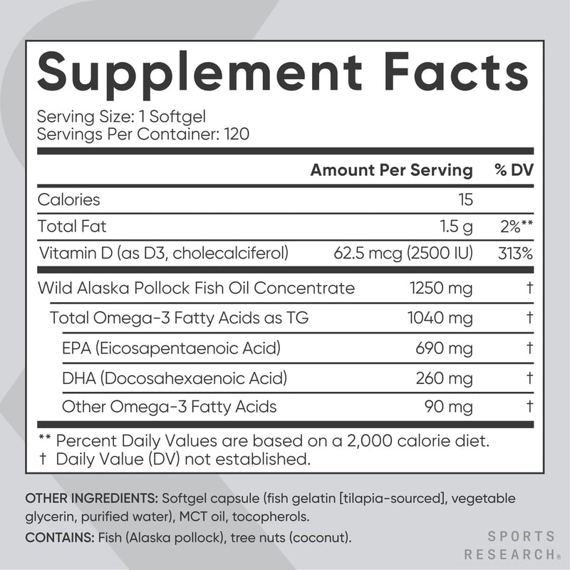 Sports Research Alaskan Omega-3 Fish Oil 1040mg + Vitamin D3 2500iu, 120 softgels - Supports Brain & Heart Health