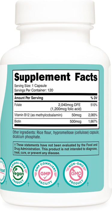 Nutricost Folic Acid for Women with Biotin and Vitamin B12, 120 Capsules - Veggie Caps, Non-GMO & Gluten Free