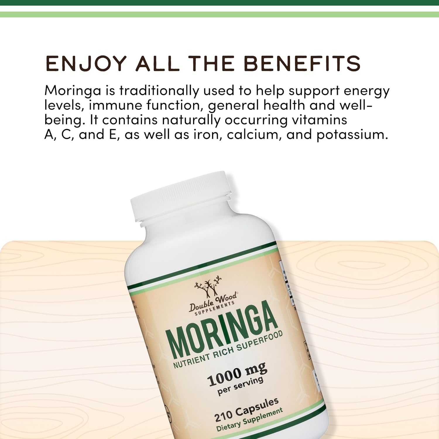 Double Wood Supplements Moringa Vegan Superfood, 1000 mg, 210 Capsules