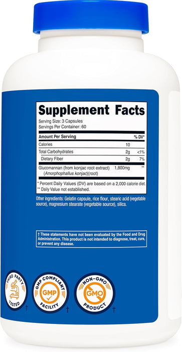 Nutricost Glucomannan Konjac Root Extract, 180 Capsules - Natural Fiber Source, Non-GMO, Gluten Free