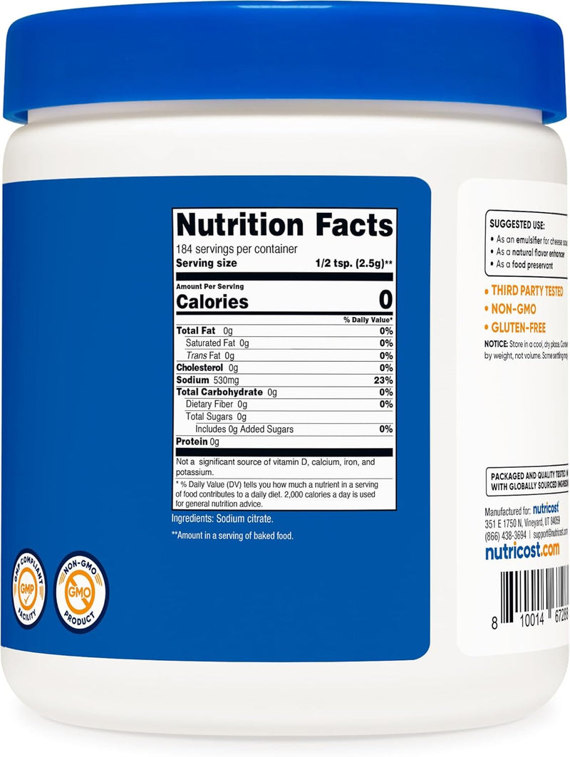 Nutricost Sodium Citrate Powder - Food Grade, Non-GMO - Emulsifier, Natural Flavor Enhancer, Food Preservant
