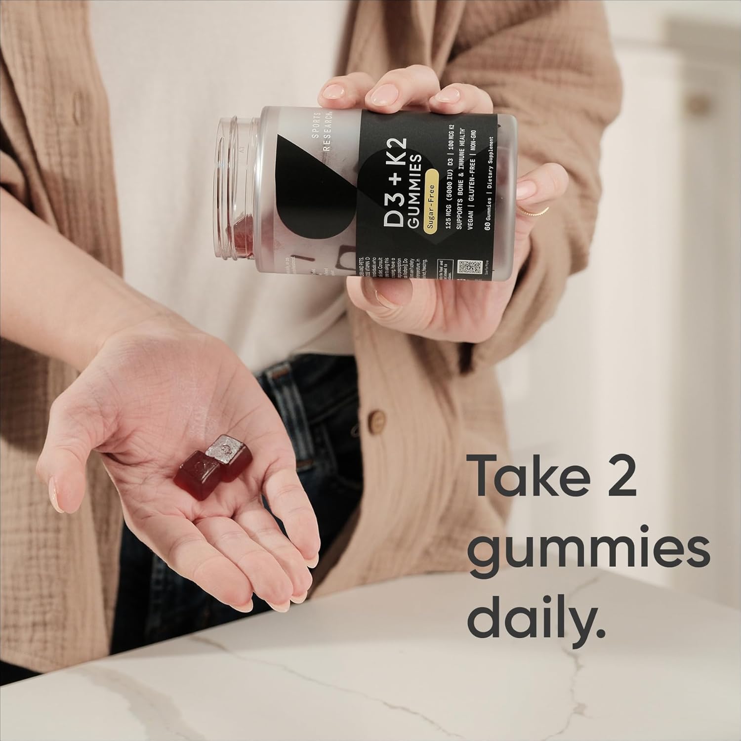 Sports Research Vegan Vitamin D3 + K2 Gummy Supplements, 60 Gummies - 5000iu Vitamin D with 100mcg Mk7 Vitamin K - Supports Bone& Immune Health