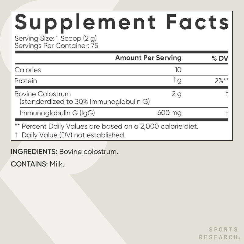 Sports Research Bovine Colostrum Powder 150g, Unflavoured - Immunity Support & Gut Health