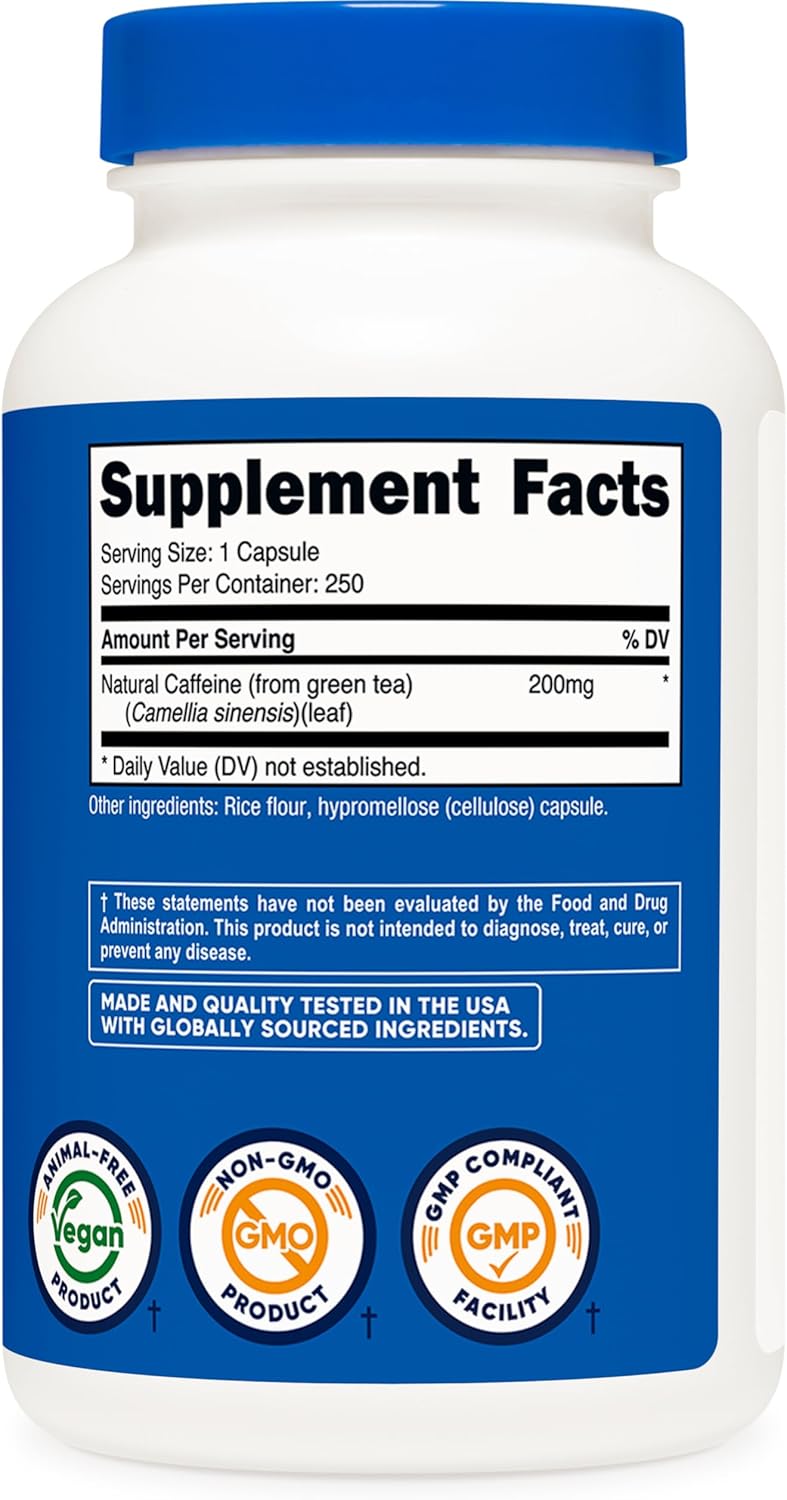 Nutricost Natural Caffeine 200mg, 250 Vegetarian Capsules - Gluten Free, Non-GMO
