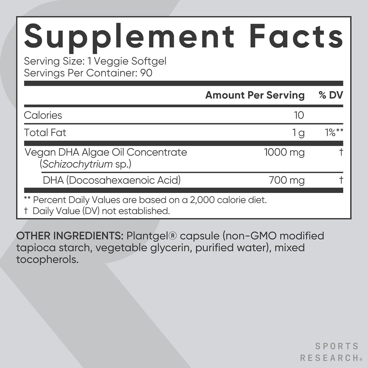 Sports Research Vegan DHA 700mg from Algae Oil - 90 Veggie Softgels