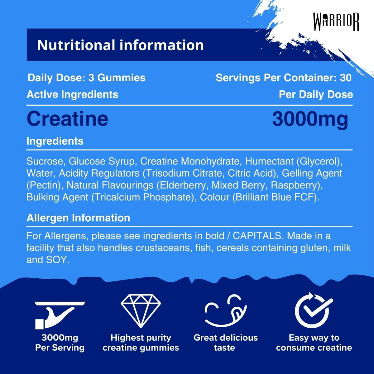 Warrior Creatine Monohydrate 3000mg Blue Razz - 90 Gummies