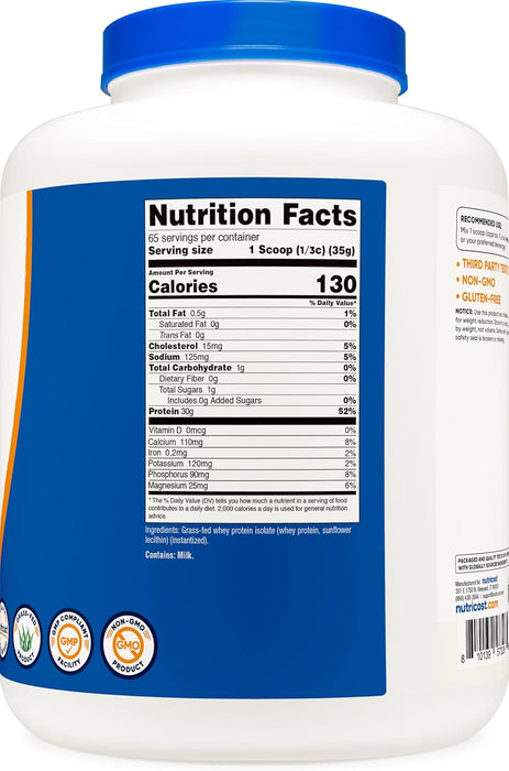 Nutricost Grass-Fed Whey Protein Isolate 5lb - Unflavoured