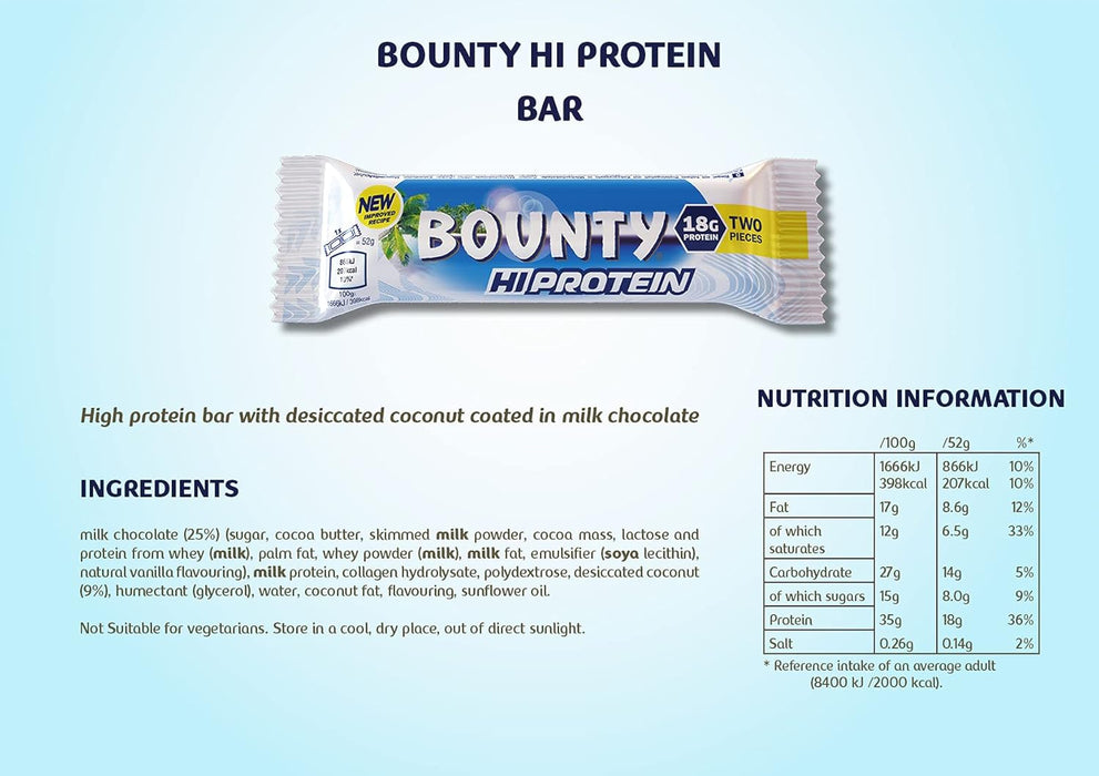 Bounty Hi Protein Bar (12 x 52g), High Protein Energy Snack with Milk Chocolate and Coconut, 18g Protein