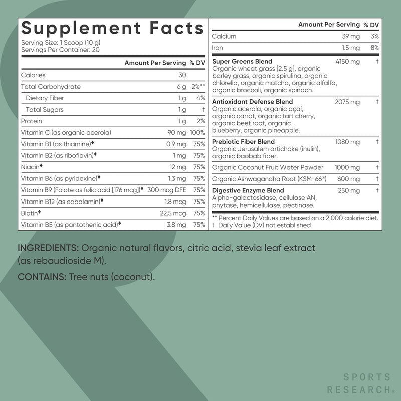 Sports Research Organic Greens Superfood Powder 200g - Spirulina & Chlorella, Adaptogens, Enzymes, Probiotics & 8 VIT Bs for Gut & Mood Support