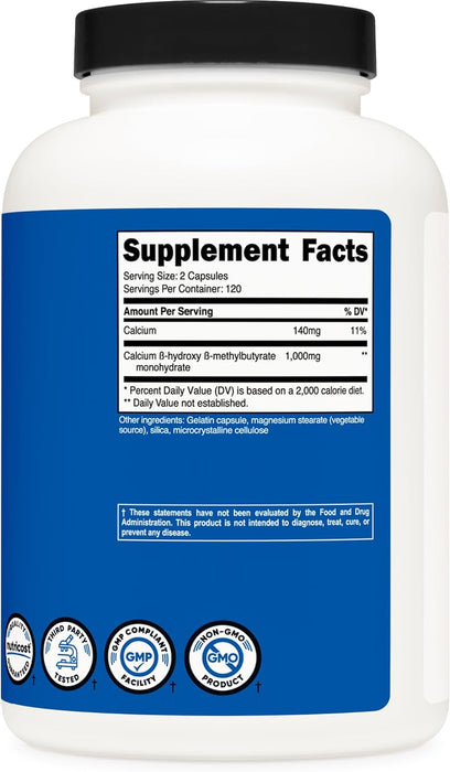 Nutricost HMB (Beta-Hydroxy Beta-Methylbutyrate) 500mg Capsules - 240 Caps - 120 Servings - Gluten Free and Non-GMO