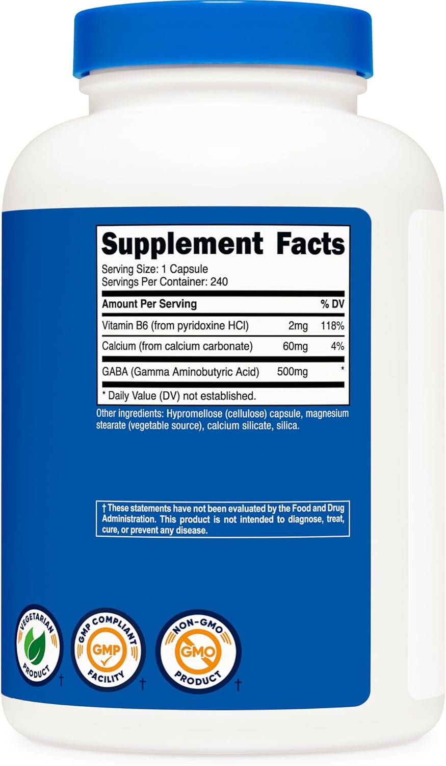 Nutricost GABA (Gamma Aminobutyric Acid) + Vitamin B6 500mg - 240 Capsules