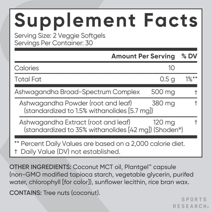 Sports Research Ashwagandha Softgels with Coconut MCT Oil, 60 Veggie Softgels