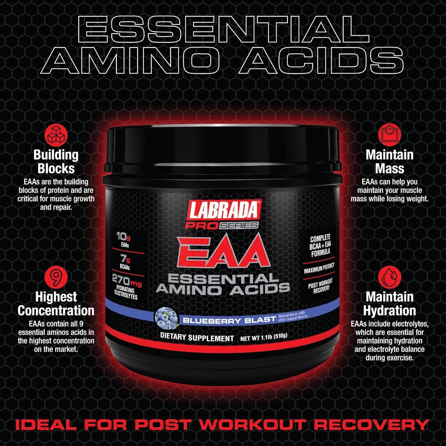 Labrada Pro Series EAA Essential Amino Acid Hydrating Formula 1.1lb - 10g EAAs 7g BCAAs & 270mg Hydrating Elecrolytes Recovery and Performance