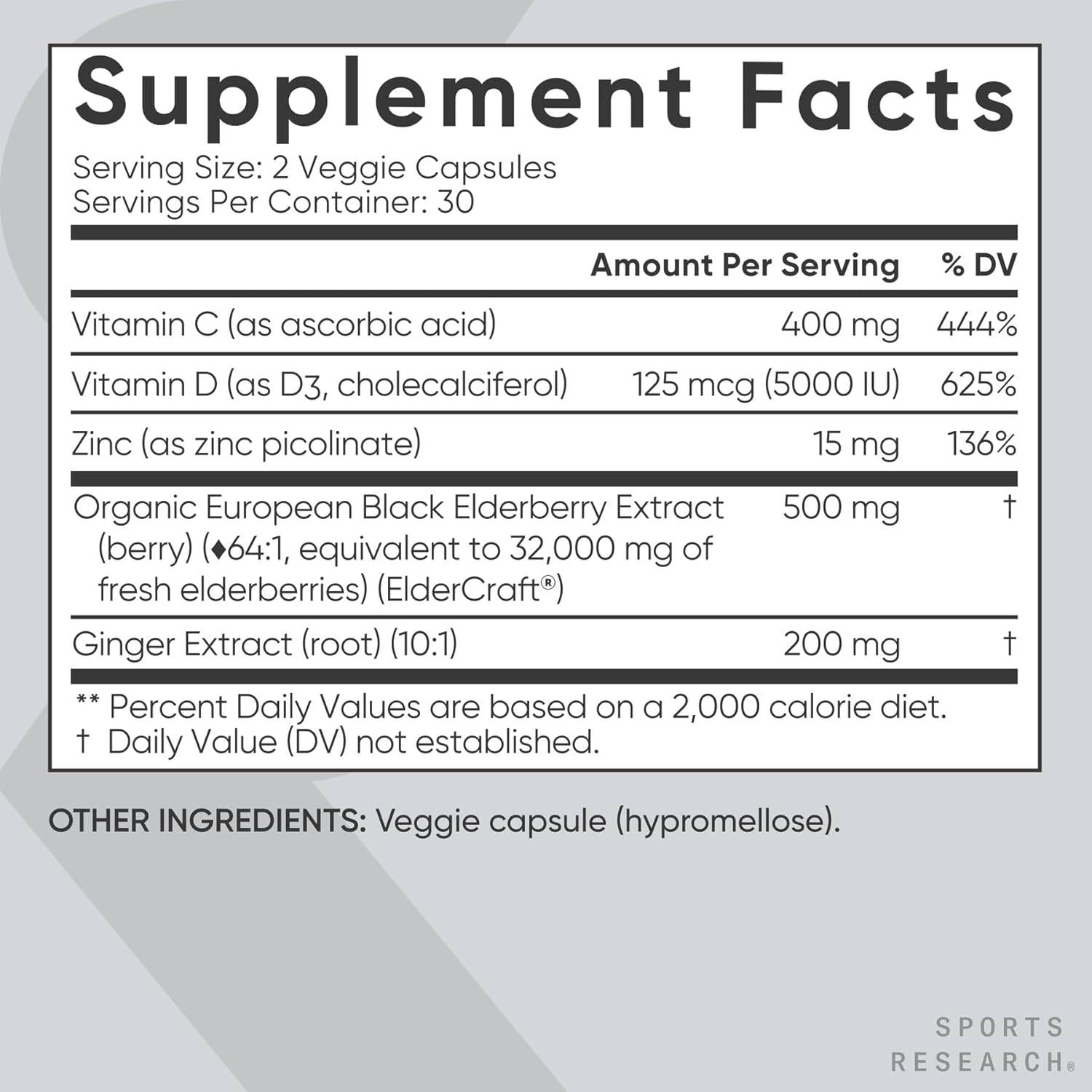 Sports Research Elderberry Capsules with Vitamin D3, Zinc & Vitamin C - 60 Veggie Capsules