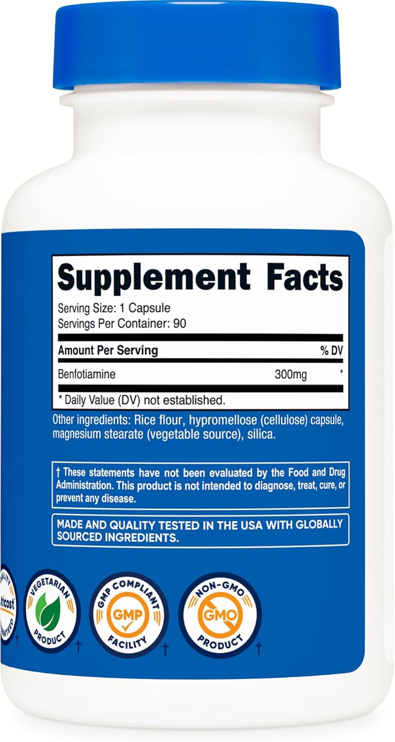 Nutricost Benfotiamine 300mg, 90 Capsules - Gluten Free, Non-GMO, and Vegetarian Friendly Fat Soluble Vitamin B1