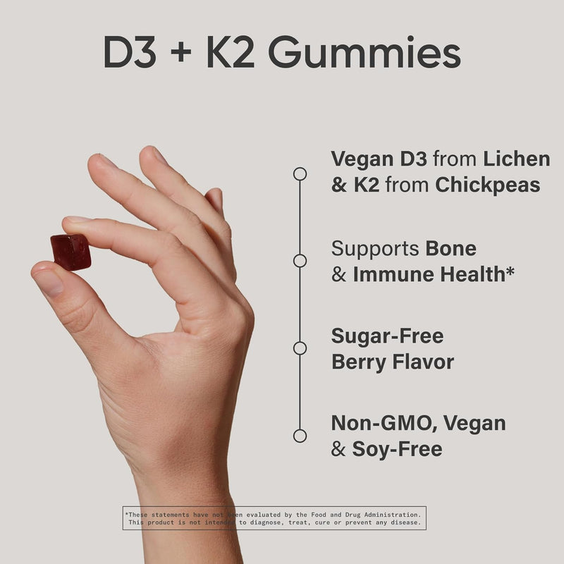 Sports Research Vegan Vitamin D3 + K2 Gummy Supplements, 60 Gummies - 5000iu Vitamin D with 100mcg Mk7 Vitamin K - Supports Bone& Immune Health