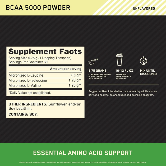 Optimum Nutrition (ON) Instanized BCAA 5000 Powder, Unflavored, 345g, 60 servings