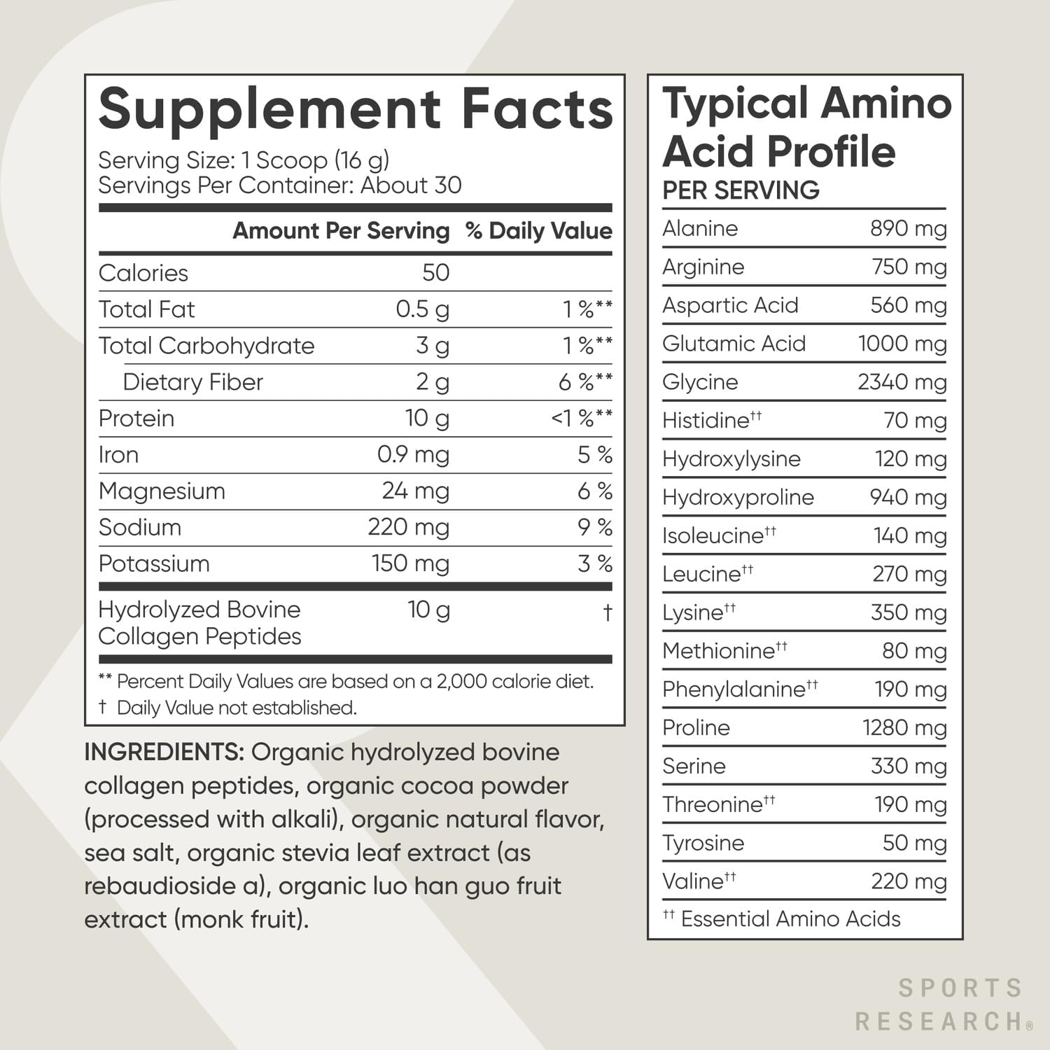 Sports Research Organic Collagen Peptides, Dark Chocolate, 480g - Hydrolyzed Type I & III Collagen Protein Powder with Amino Acids