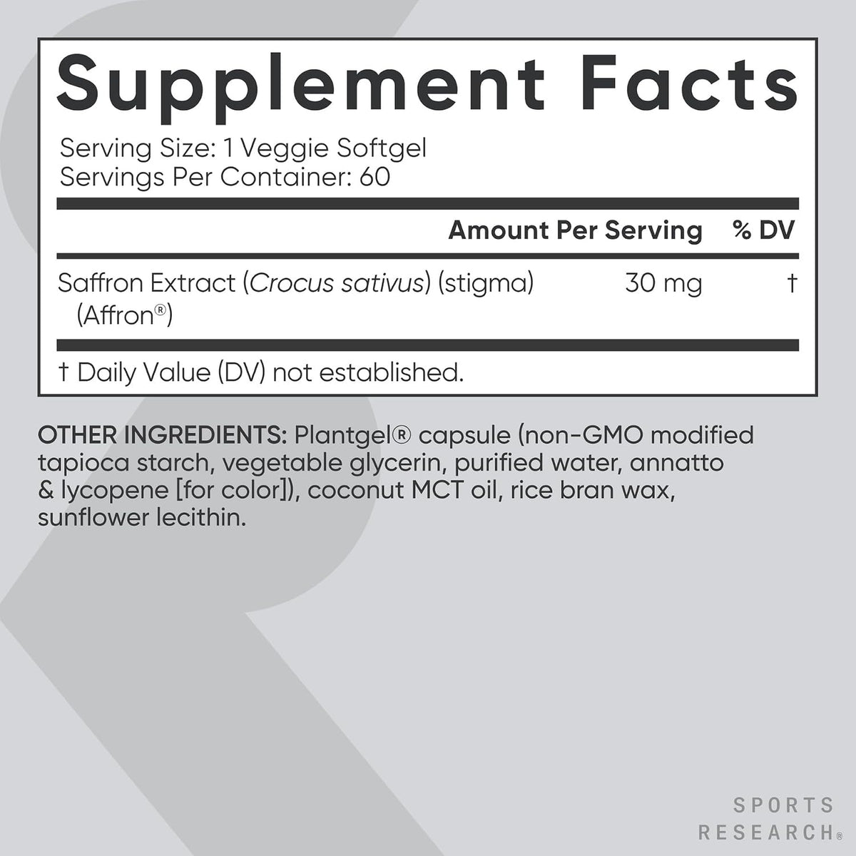 Sports Research Plant Based Saffron 30mg - 60 Softgels