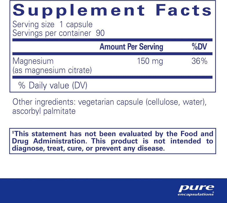 Pure Encapsulations Magnesium (Citrate) Supplement for Constipation, Stress Relief, Sleep, Heart Health, Nerves, Muscles, and Metabolism, 90 Capsules