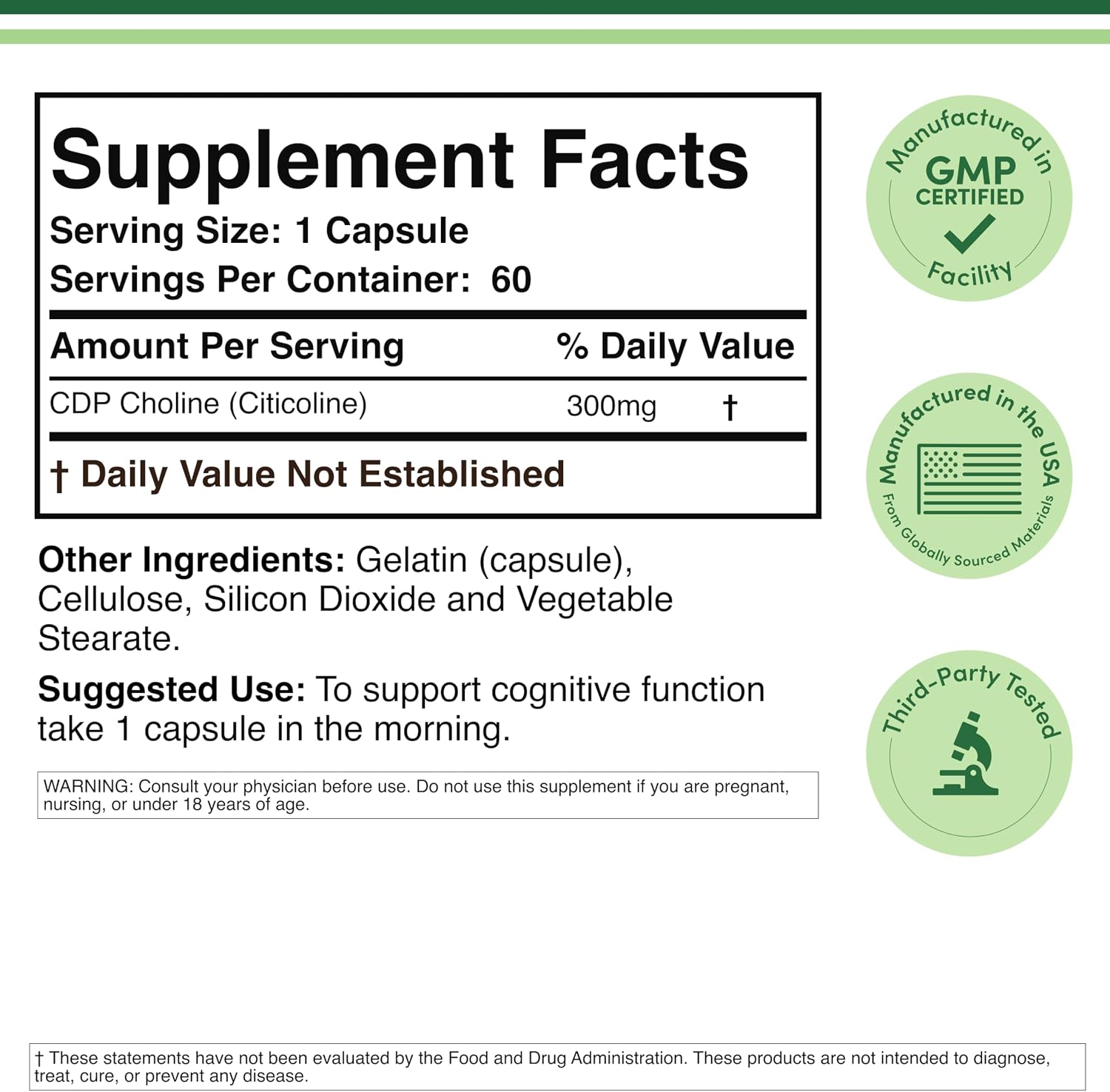 Double Wood Supplements CDP Choline 300mg - 60 Capsules