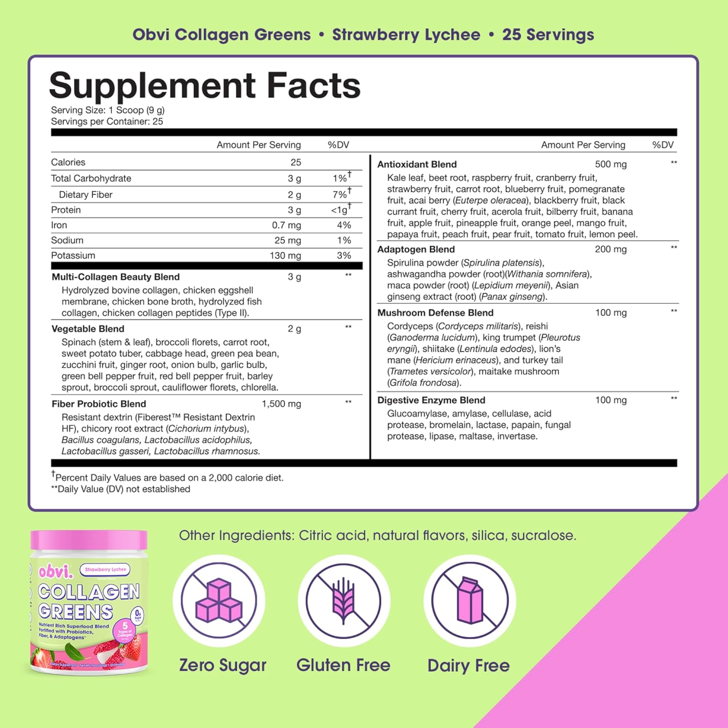 Obvi Collagen Greens, Strawberry Lychee, 25 Servings - Organic Greens Superfood Powder with Collagen Peptides