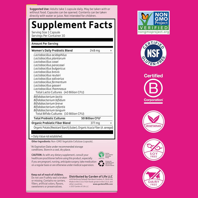 Garden Of Life Dr. Formulated Probiotics For Women & Prebiotics 16 Probiotic Strains Shelf Stable No Gluten Dairy Soy, 30 Capsules