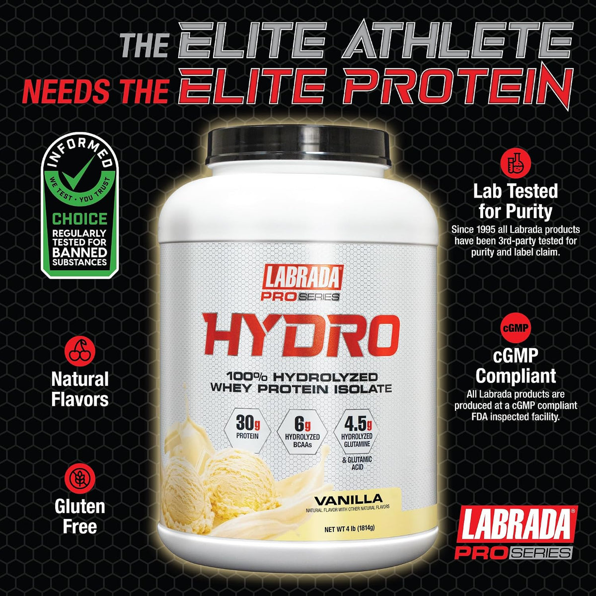 Labrada Hydro 100% Pure Hydrolyzed Whey Protein Isolate Powder 4lb - 48 servings