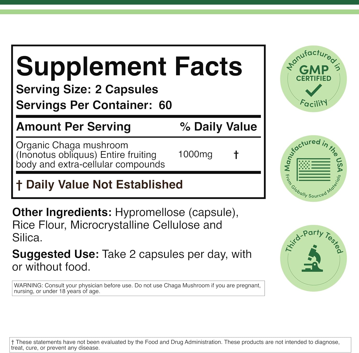 Double Wood Supplements Chaga Mushrooms 1000mg - 120 Capsules