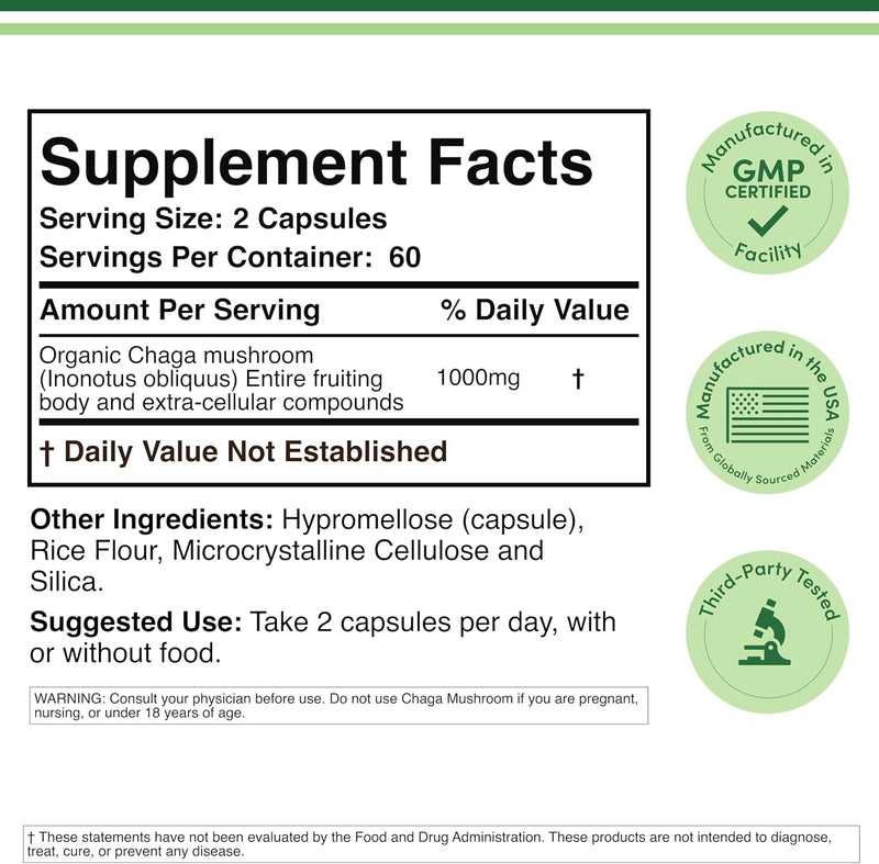 Double Wood Supplements Chaga Mushrooms 1000mg - 120 Capsules