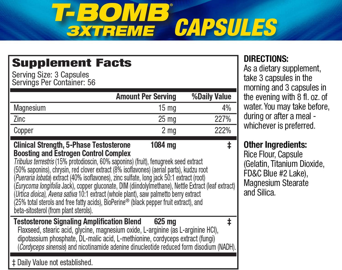 MHP T-Bomb 3xtreme Clinically Tested Testosterone Booster for Men - 168 Capsules