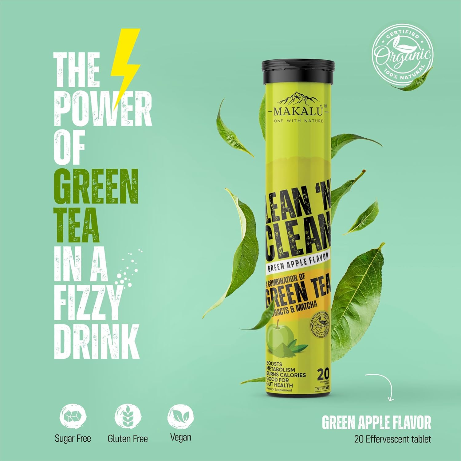 Makalu Lean N Clean 100% Organic Green Tea, 20 Effervescent Tabs – PROTEIFY