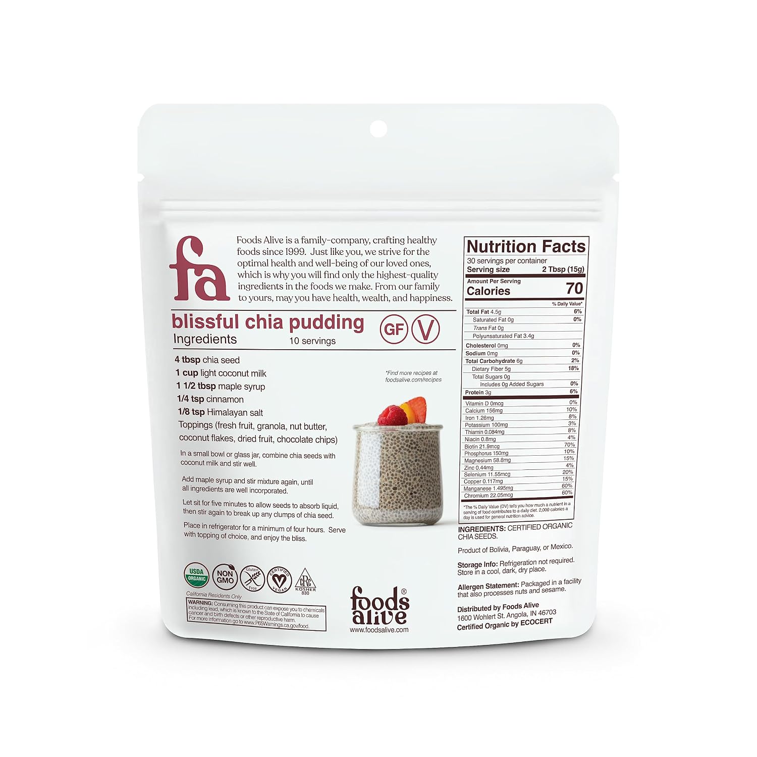 Foods Alive Organic Chia Seeds 454g - 30 serving