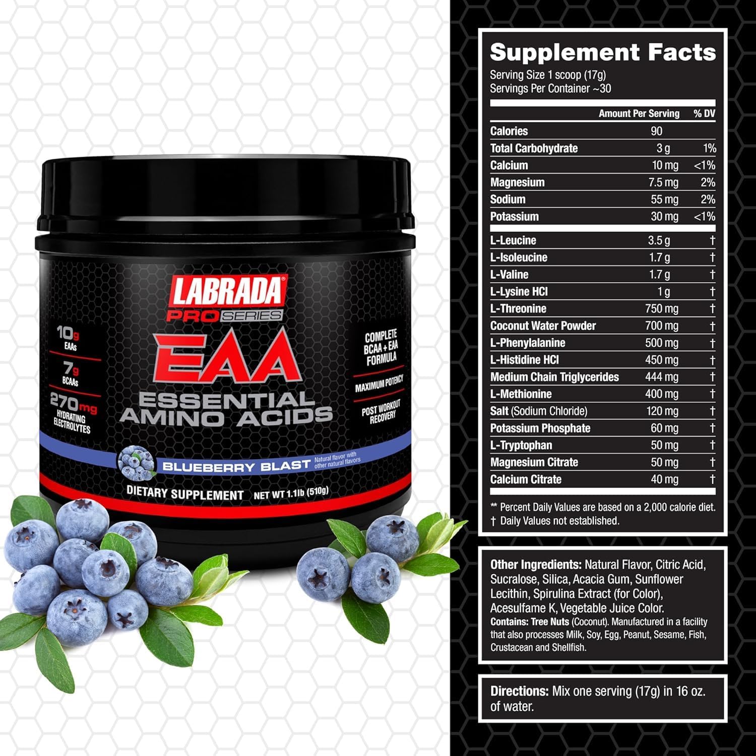 Labrada Pro Series EAA Essential Amino Acid Hydrating Formula 1.1lb - 10g EAAs 7g BCAAs & 270mg Hydrating Elecrolytes Recovery and Performance