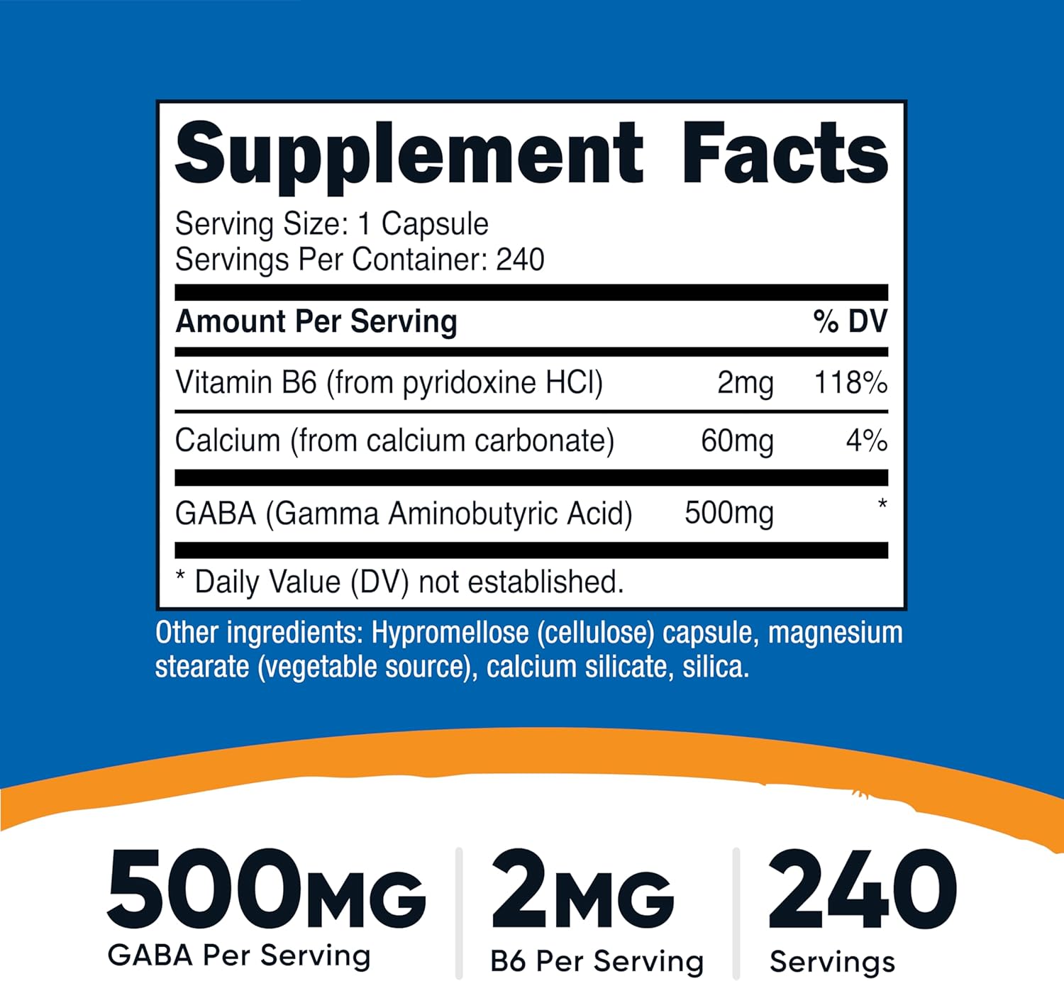 Nutricost GABA (Gamma Aminobutyric Acid) + Vitamin B6 500mg - 240 Capsules