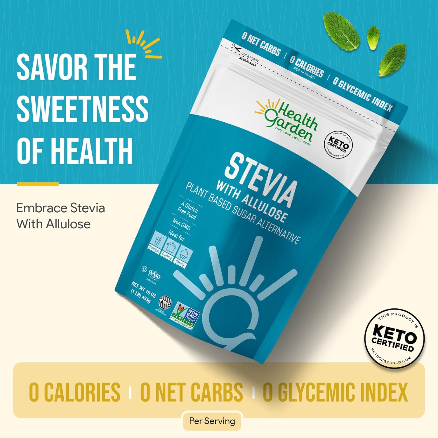Health Garden Stevia with Allulose Sweetener 1lb - Ideal for Keto Diets