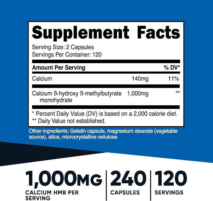 Nutricost HMB (Beta-Hydroxy Beta-Methylbutyrate) 500mg Capsules - 240 Caps - 120 Servings - Gluten Free and Non-GMO