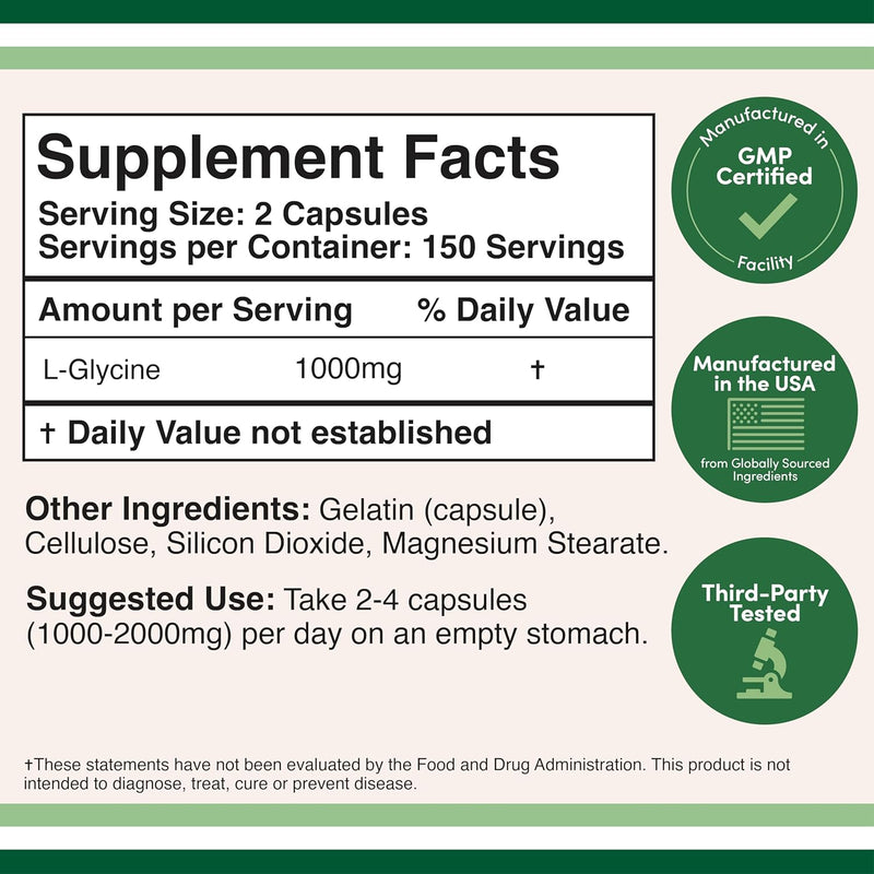 Double Wood Supplements Glycine 1000mg - 300 Capsules