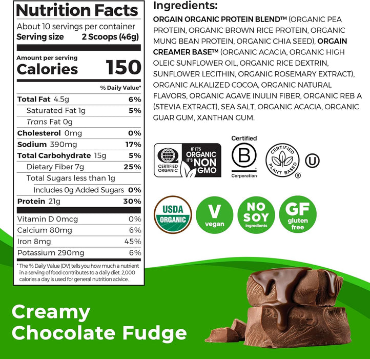 Orgain Organic Plant Based Protein Powder - 21g Plant Protein, 7g Prebiotic Fiber, Low Net Carb, No Lactose Ingredients, No Added Sugar, Non-GMO, 1.02lb