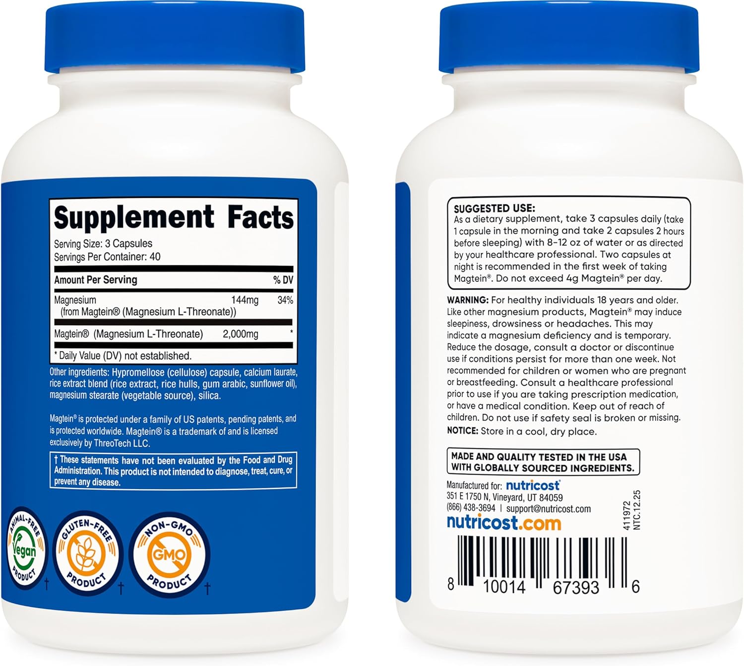 Nutricost Magnesium L-Threonate As Magtein 2000mg - 120 Capsules