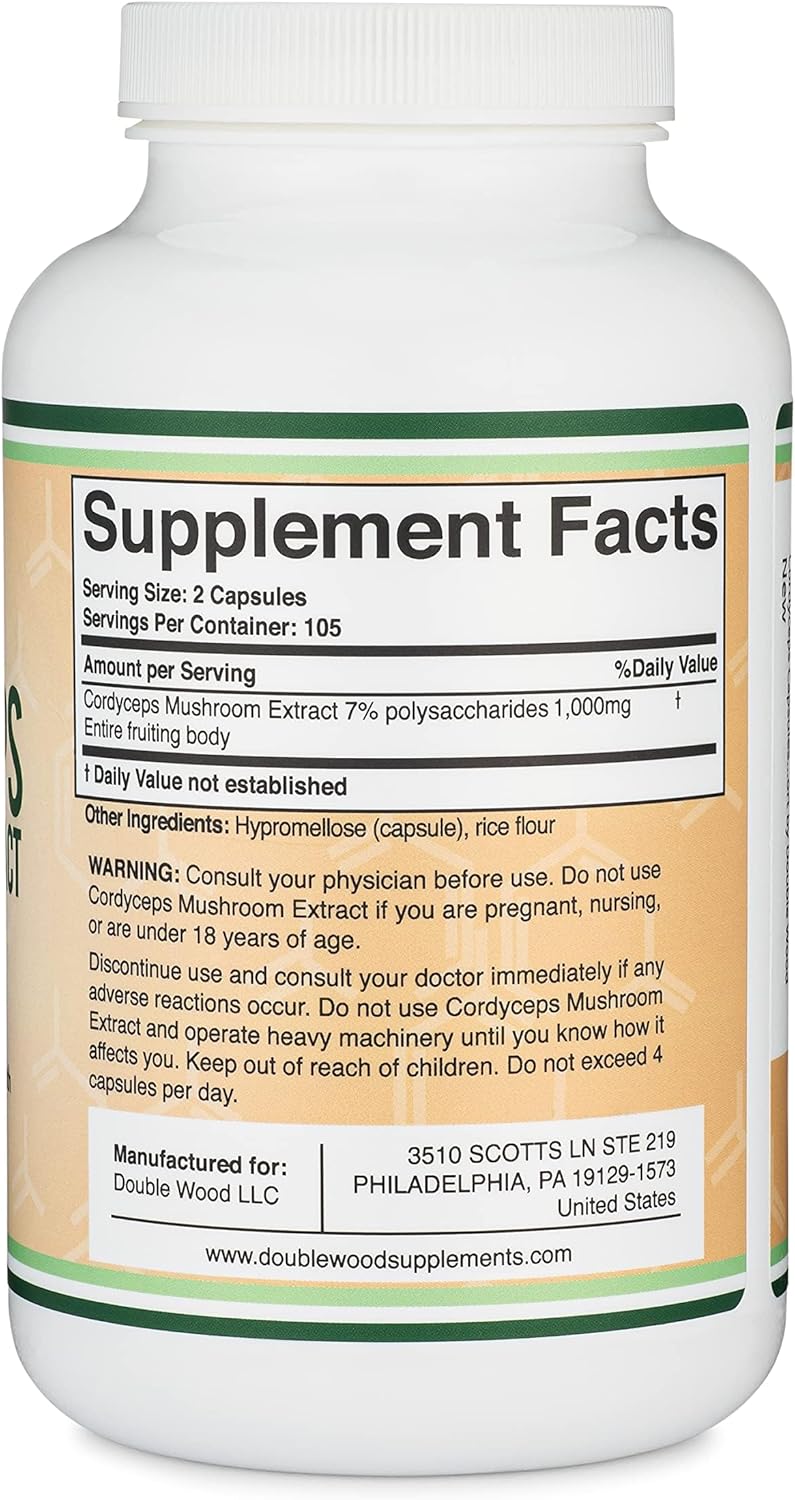 Double Wood Supplements Cordyceps Mushroom Extract 1000mg - 210 Capsules