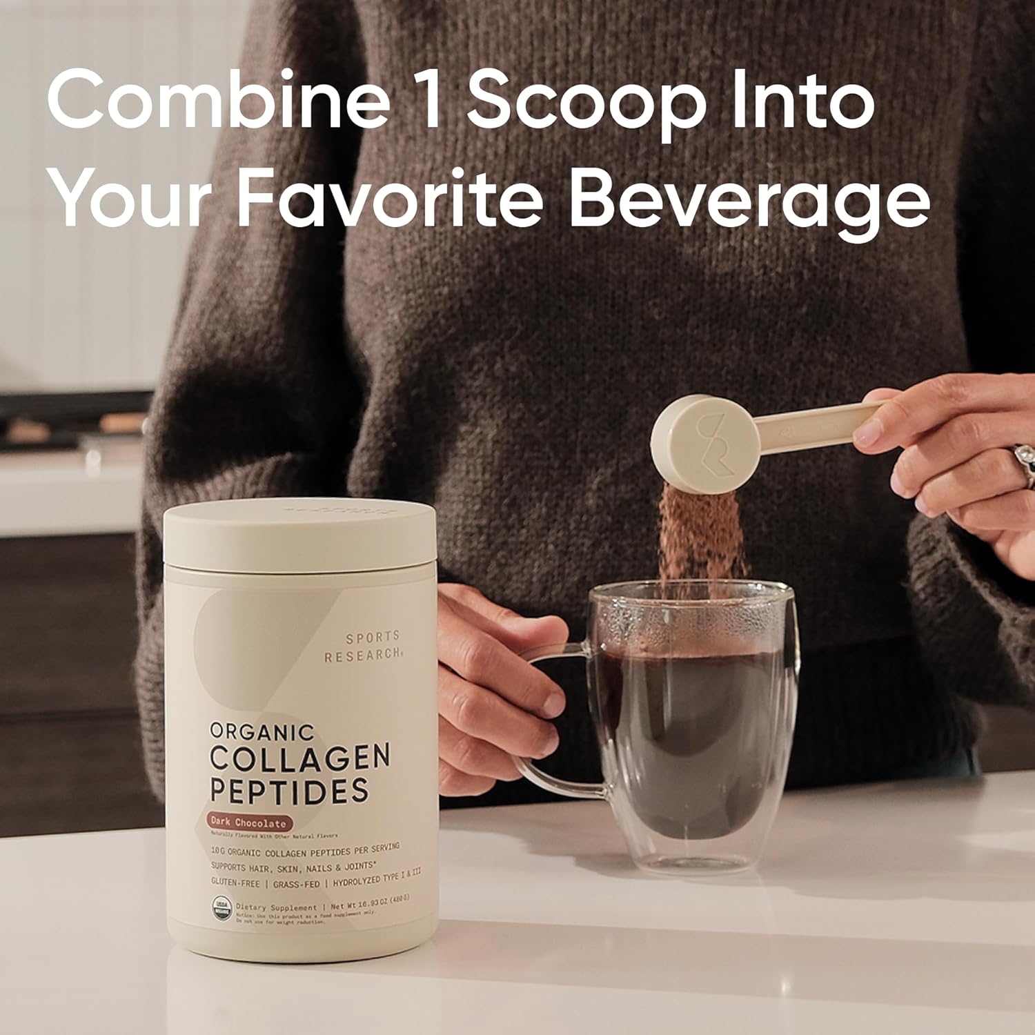 Sports Research Organic Collagen Peptides, Dark Chocolate, 480g - Hydrolyzed Type I & III Collagen Protein Powder with Amino Acids