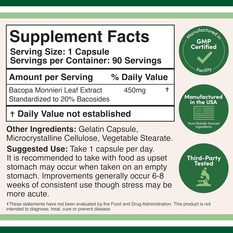 Double Wood Supplements Bacopa Extract 450mg - 90 Capsules