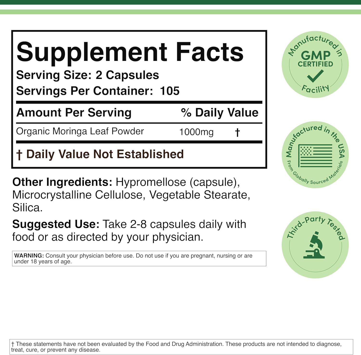 Double Wood Supplements Moringa Vegan Superfood, 1000 mg, 210 Capsules