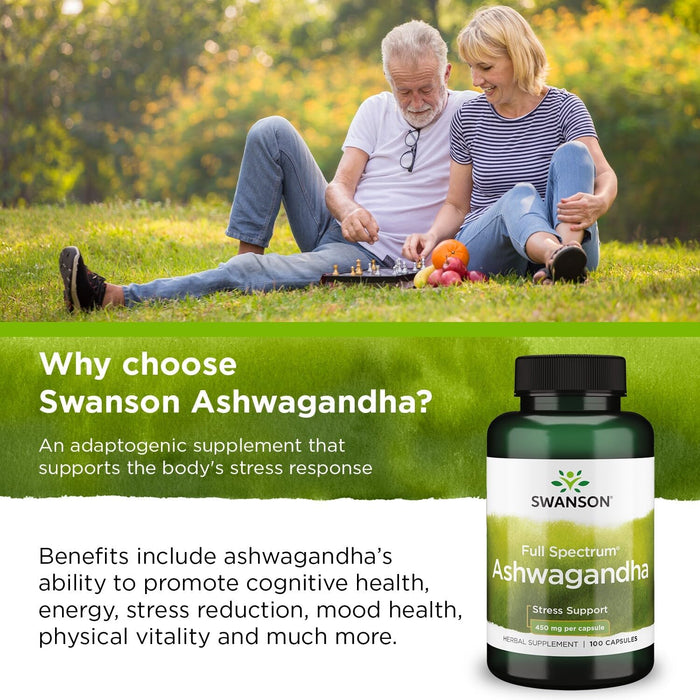 Swanson Full Spectrum Ashwagandha Supplement 450 mg, 100 Capsules