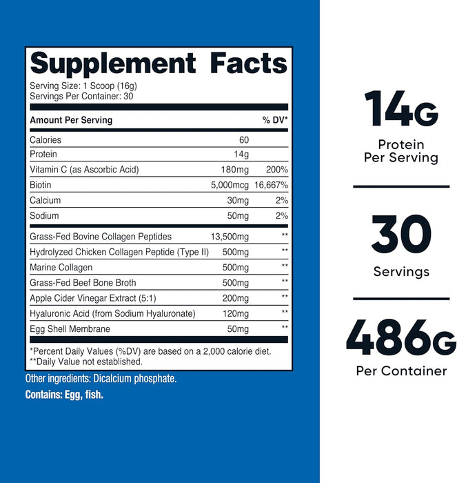 Nutricost Multi Collagen Protein Complex, Unflavored, 30 Servings - Supplement with Biotin, Hyaluronic Acid, and Collagen Peptides