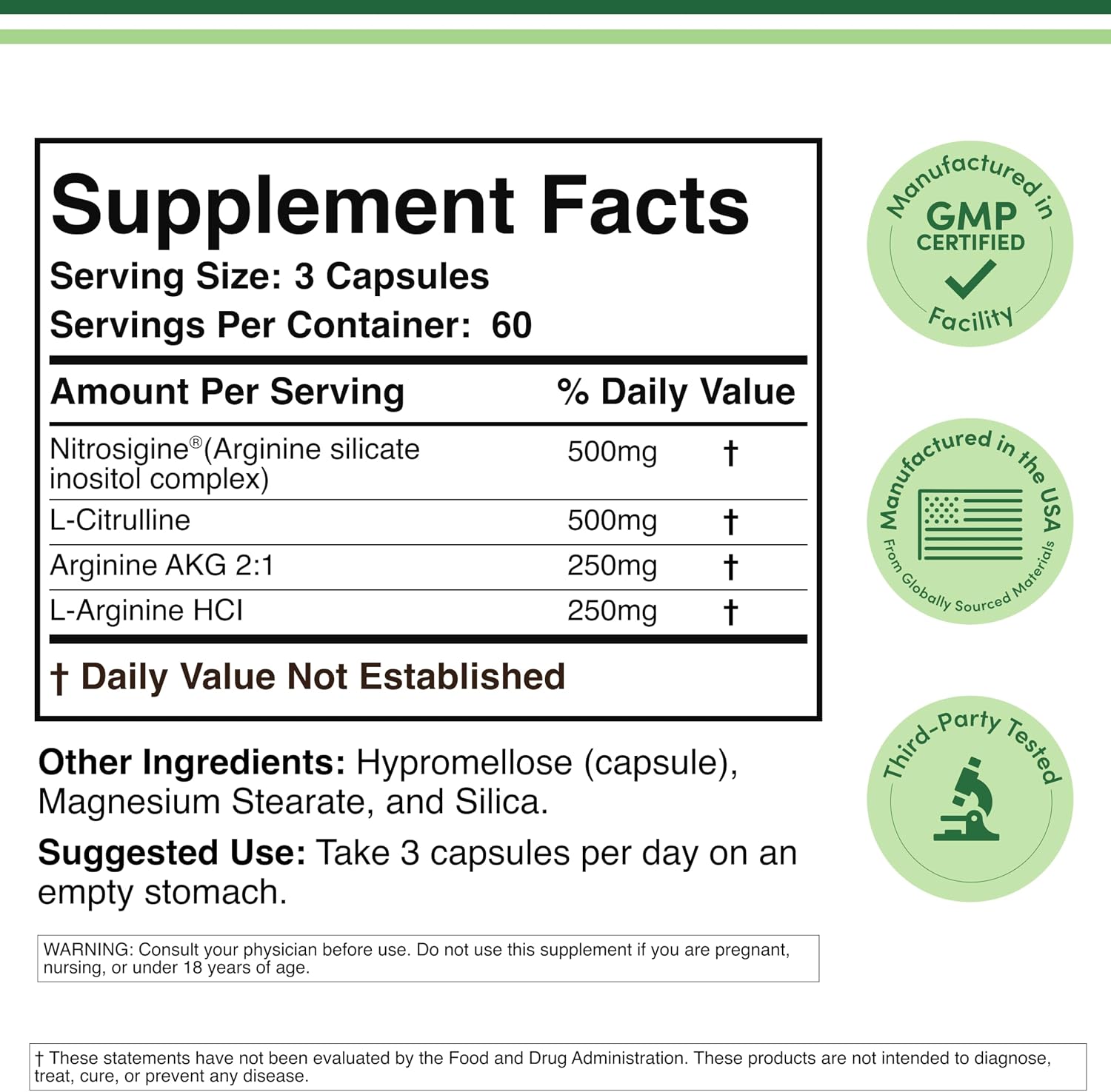 Double Wood Supplements Nitric Oxide Booster 1500mg - 180 Capsules
