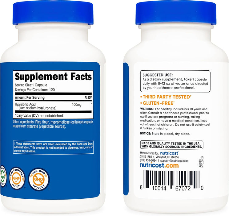 Nutricost Hyaluronic Acid Capsules 100mg,120 Vegetarian Capsules - Gluten Free, Non-GMO
